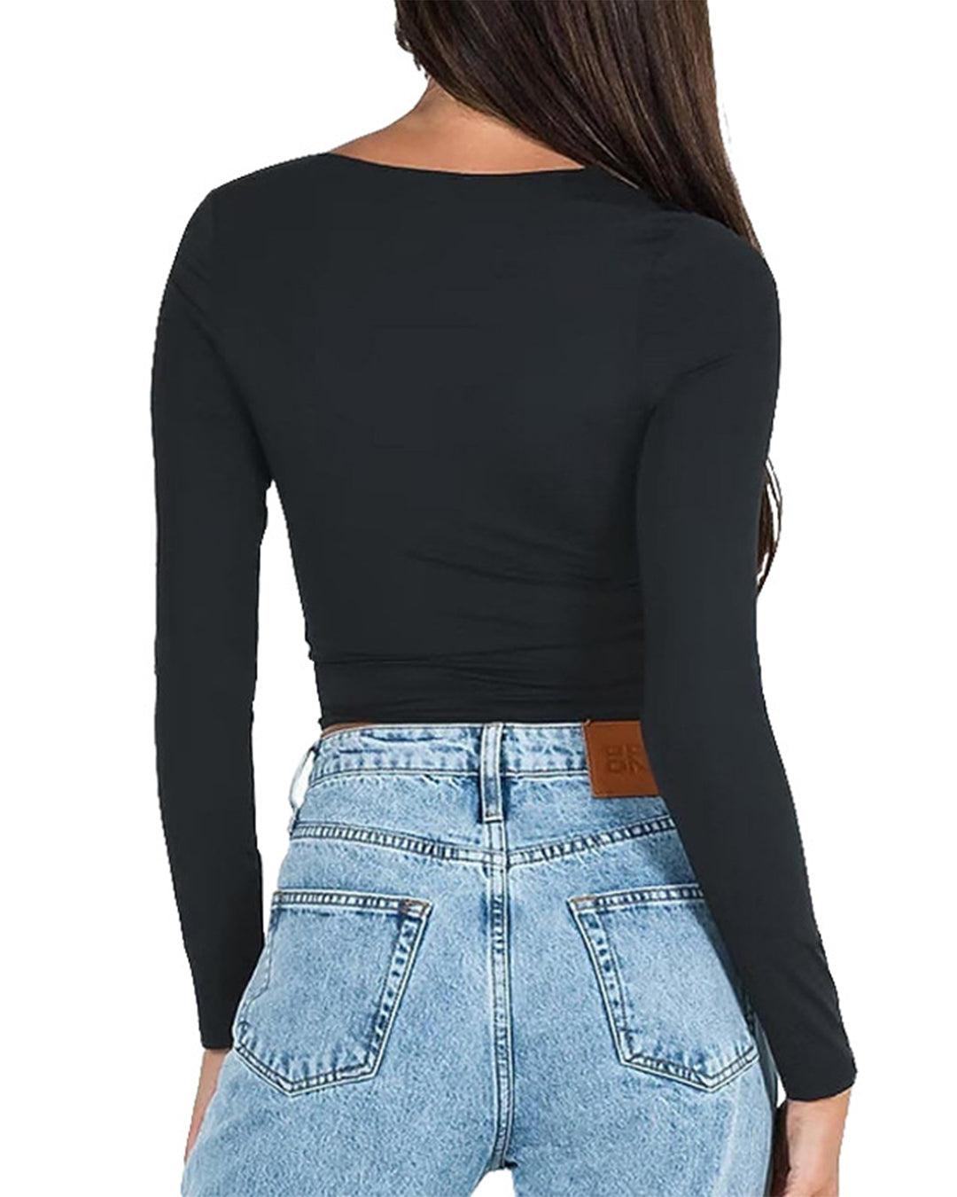 Square Collar Cropped Slim Long Sleeve Top   