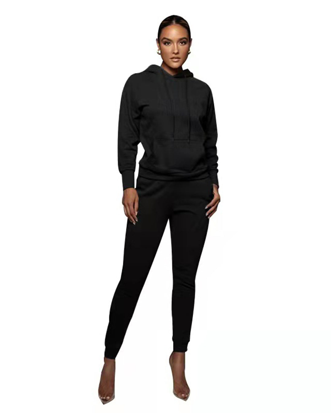 Hooded Pullover Trousers & Long Sleeve Sweater Set Black XS 