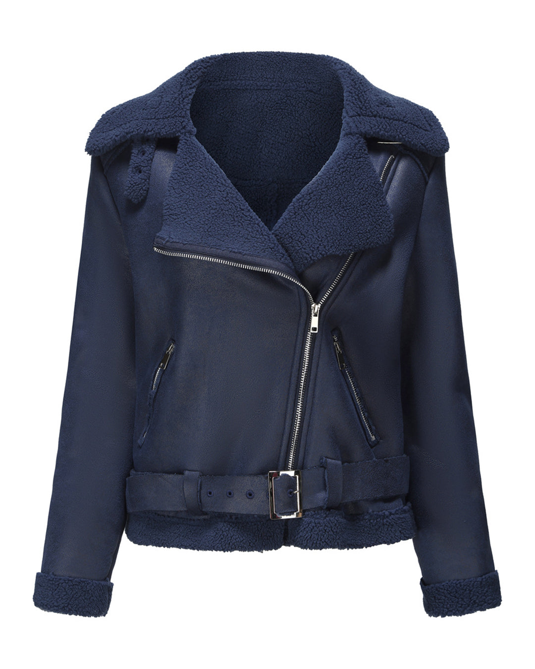 Faux Shearling Suede Fabric Leather Jacket S Navy Blue 