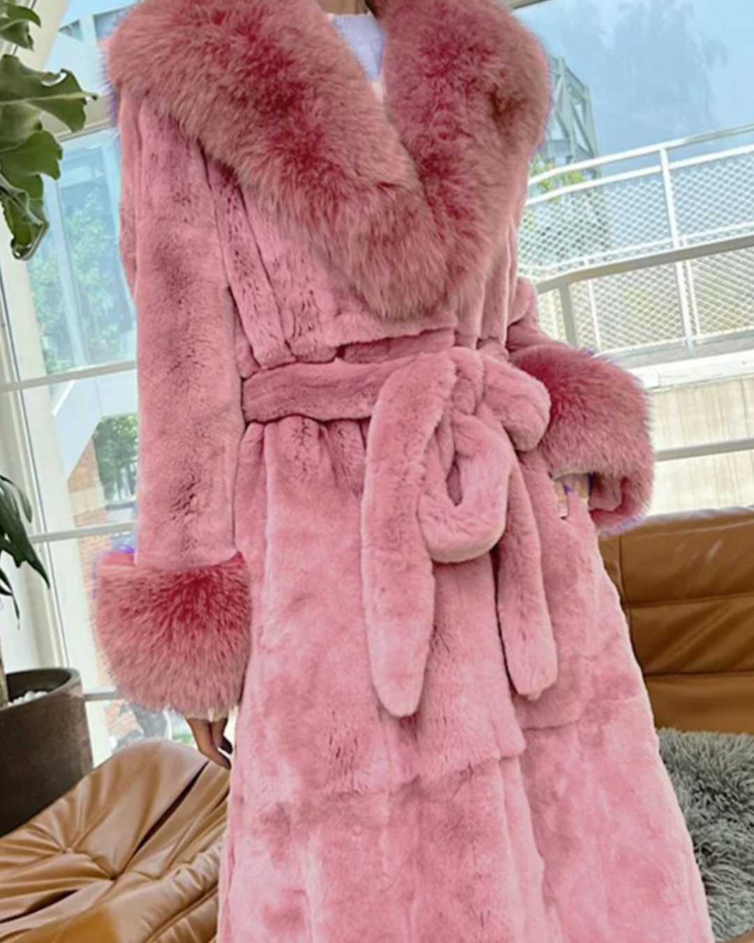 Belted Faux Fur Lapel Coat Pink S 