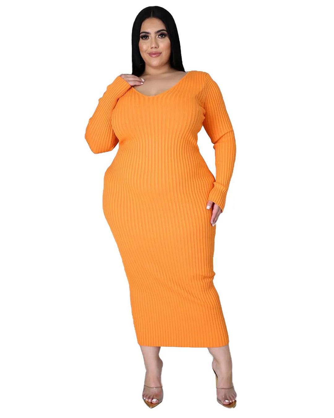 Plus Size Solid Color Knitted Dress Orange L 