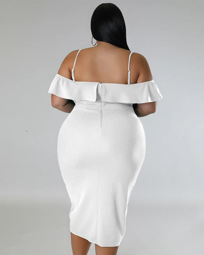 Plus Size Solid Color Off Neck Midi Dress   