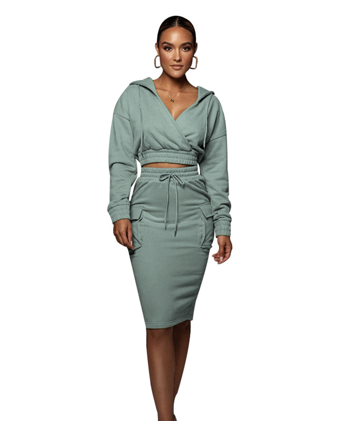 V Neck Hooded Long Sleeve Sweatshirt & Skirt Set   