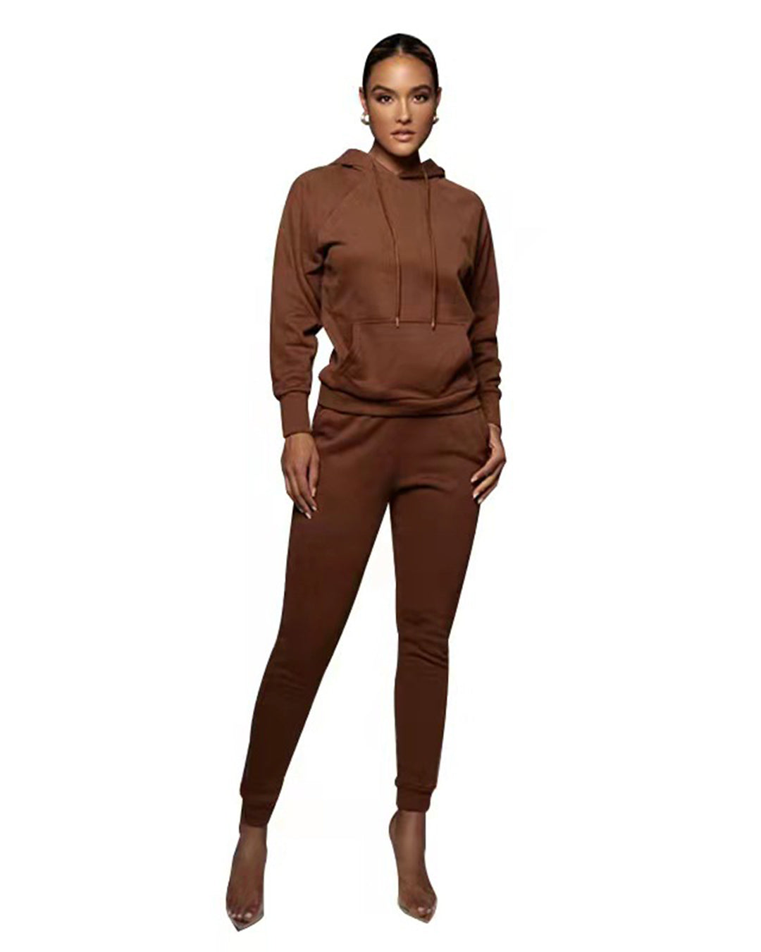 Hooded Pullover Trousers & Long Sleeve Sweater Set Coffee XS 