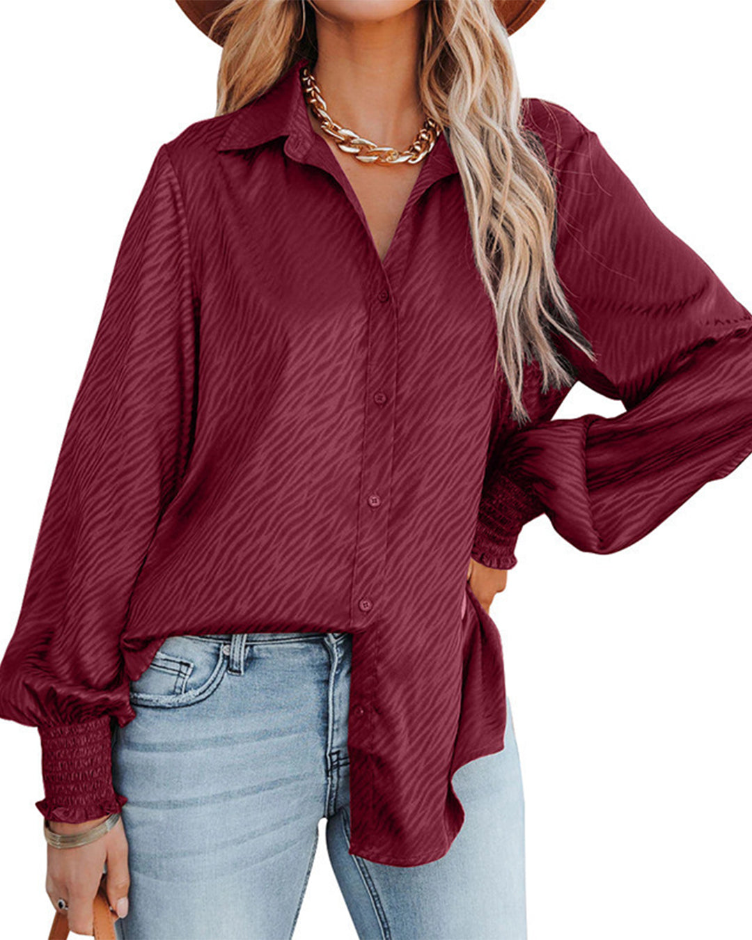 Zebra Pattern Collared Breasted Loose Top S Burgundy 