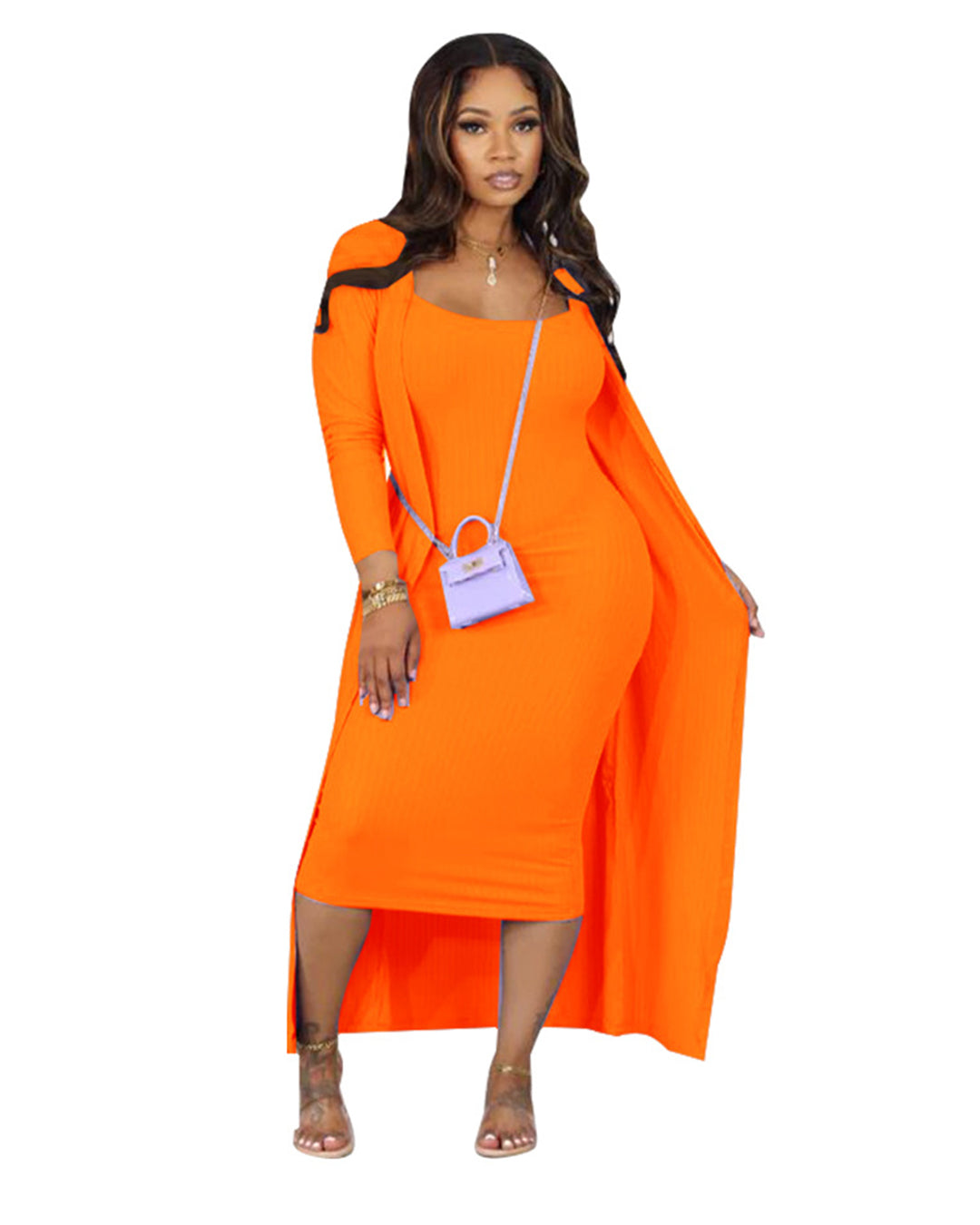 Long Sleeved Coat & U Neck Dress Set S Orange 