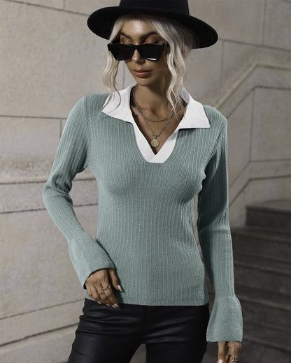 Pullover Bell Sleeve Collared Sweater S Green 