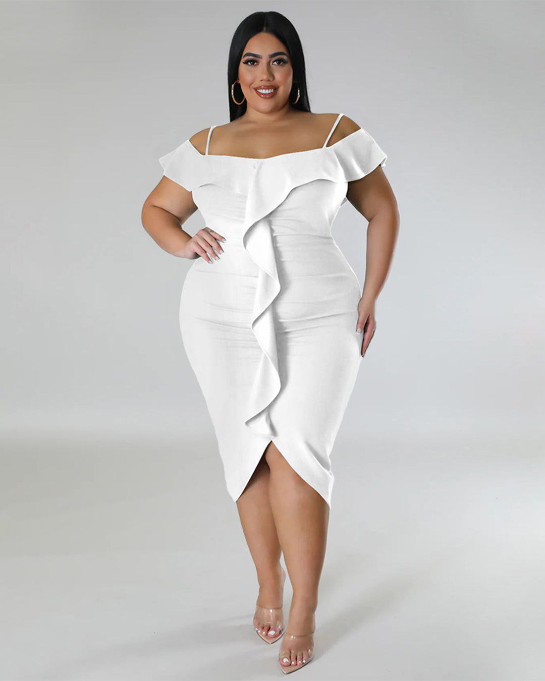 Plus Size Solid Color Off Neck Midi Dress L White 