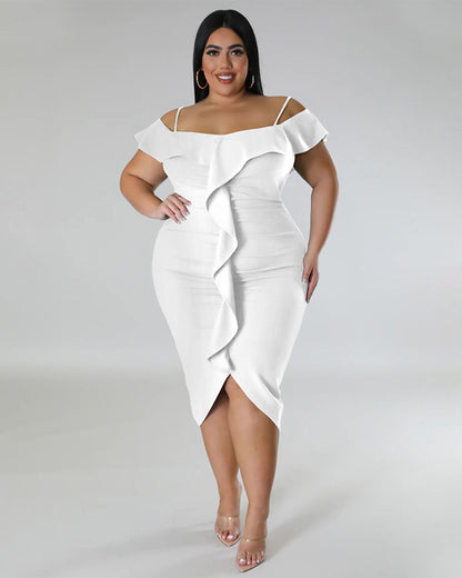 Plus Size Solid Color Off Neck Midi Dress L White 