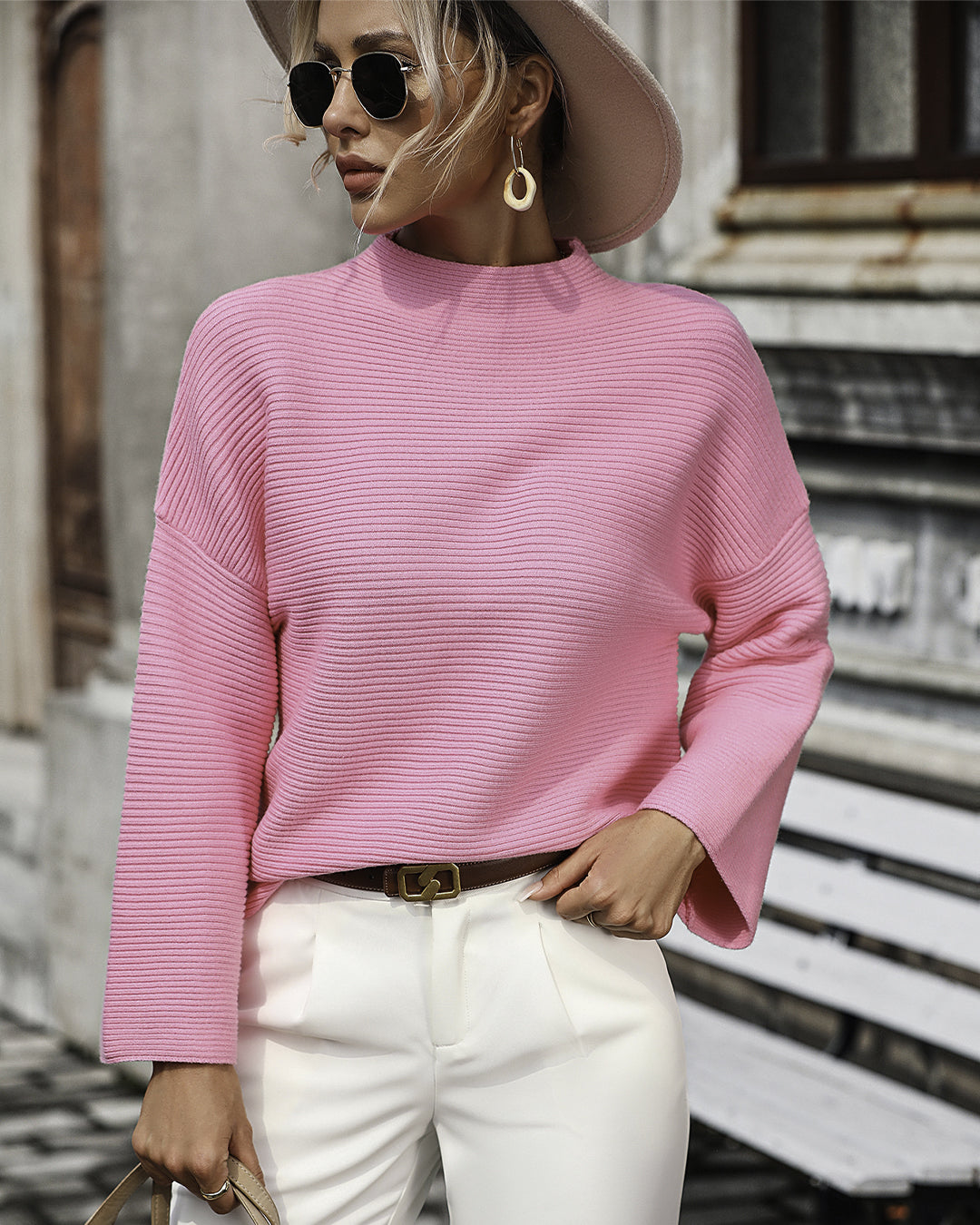 Pullover Loose Fitting Solid Color Sweater S Coral Red 