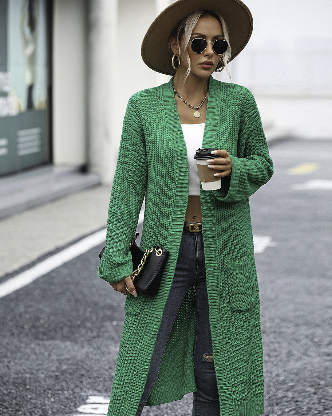 Solid Color Knitted Pocket Coat S Green 