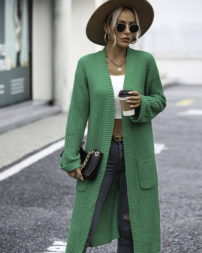 Solid Color Knitted Pocket Coat S Green 