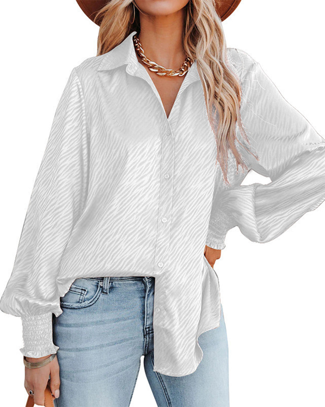 Zebra Pattern Collared Breasted Loose Top S White 