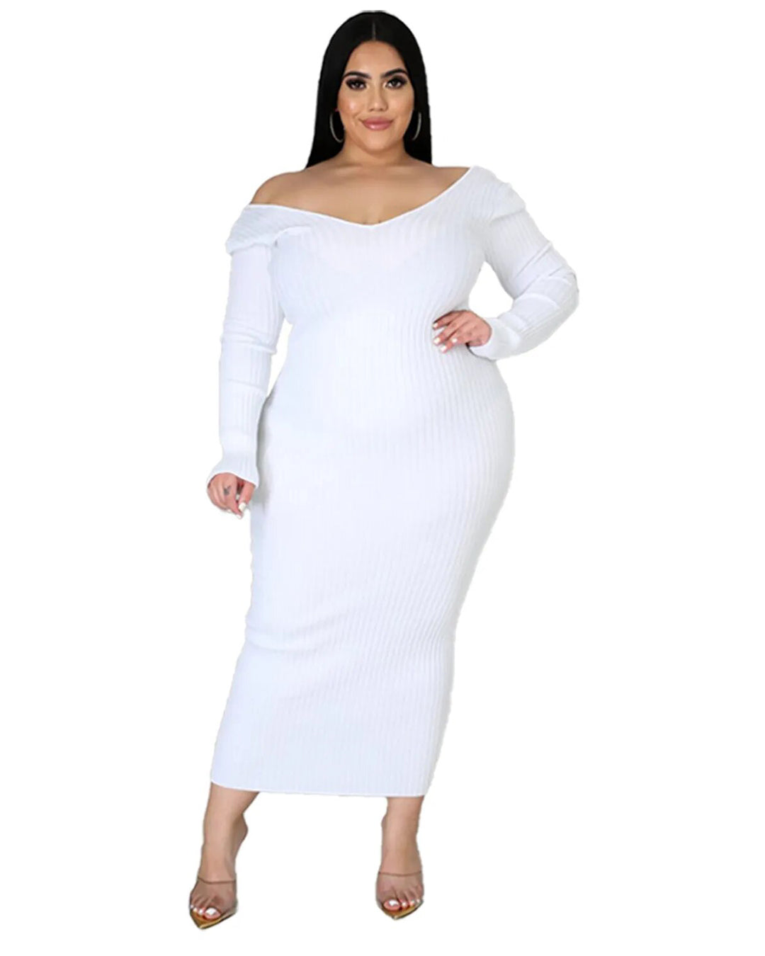 Plus Size Solid Color Knitted Dress White L 