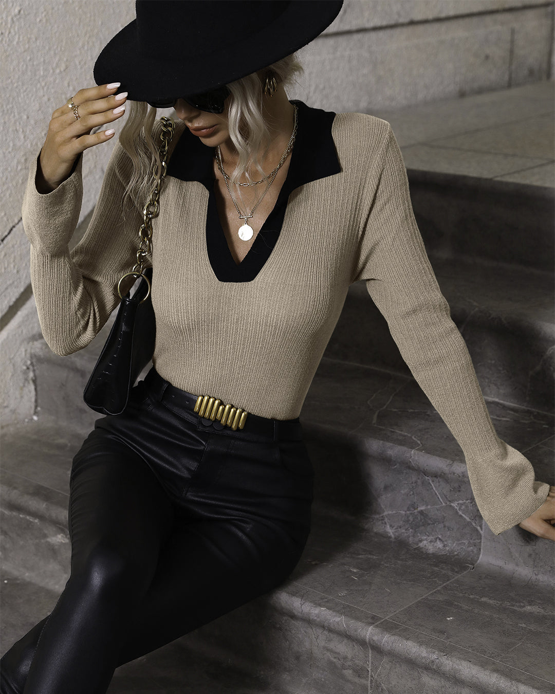 Pullover Bell Sleeve Collared Sweater   