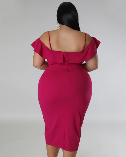 Plus Size Solid Color Off Neck Midi Dress   
