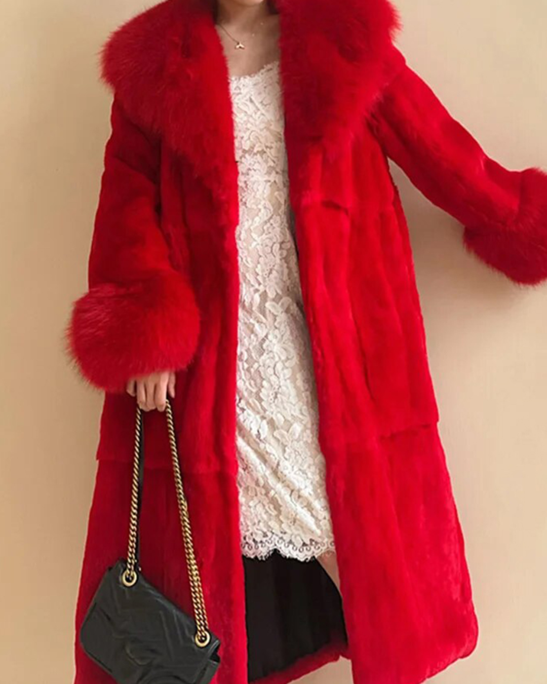 Belted Faux Fur Lapel Coat Red S 