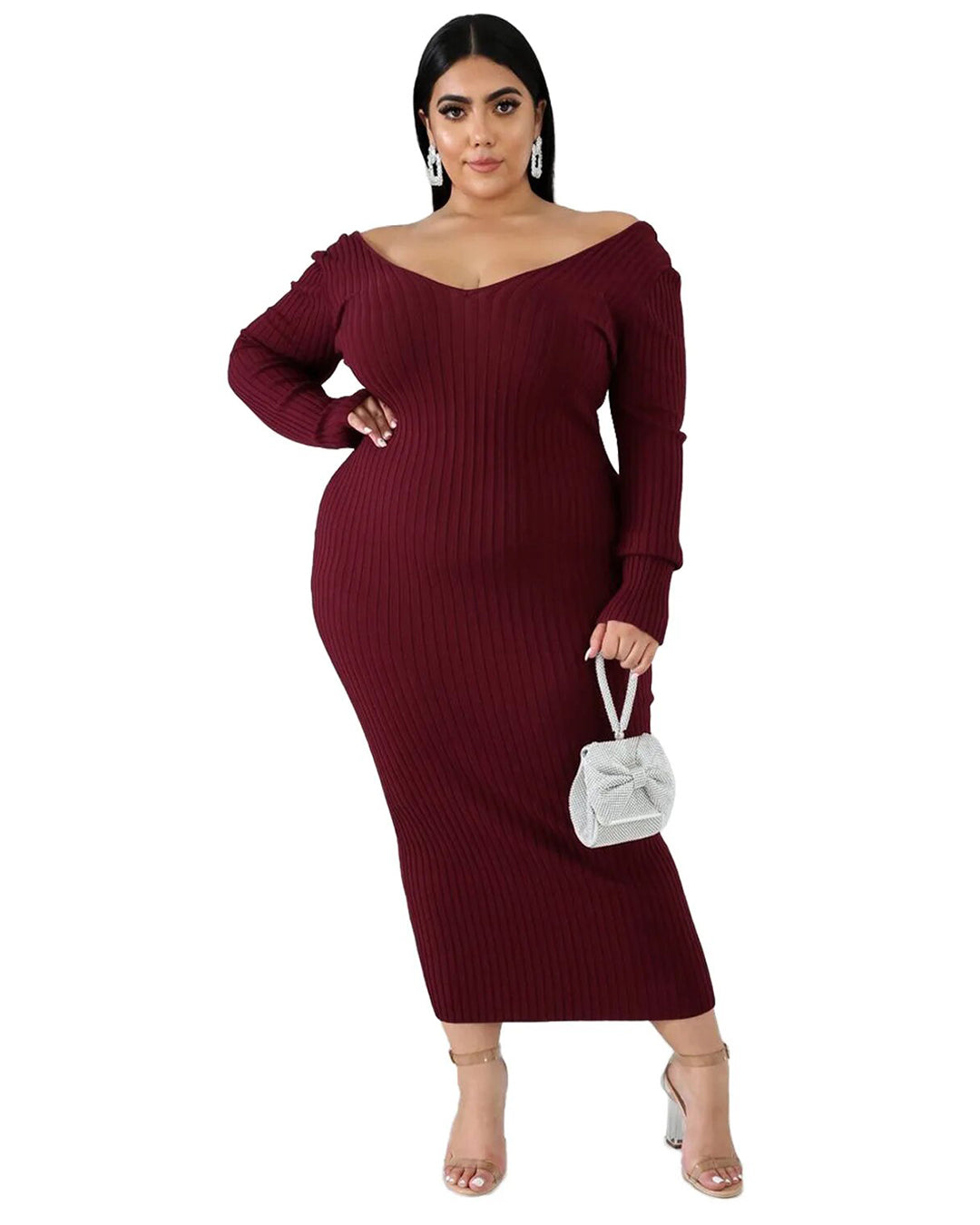 Plus Size Solid Color Knitted Dress Burgundy L 