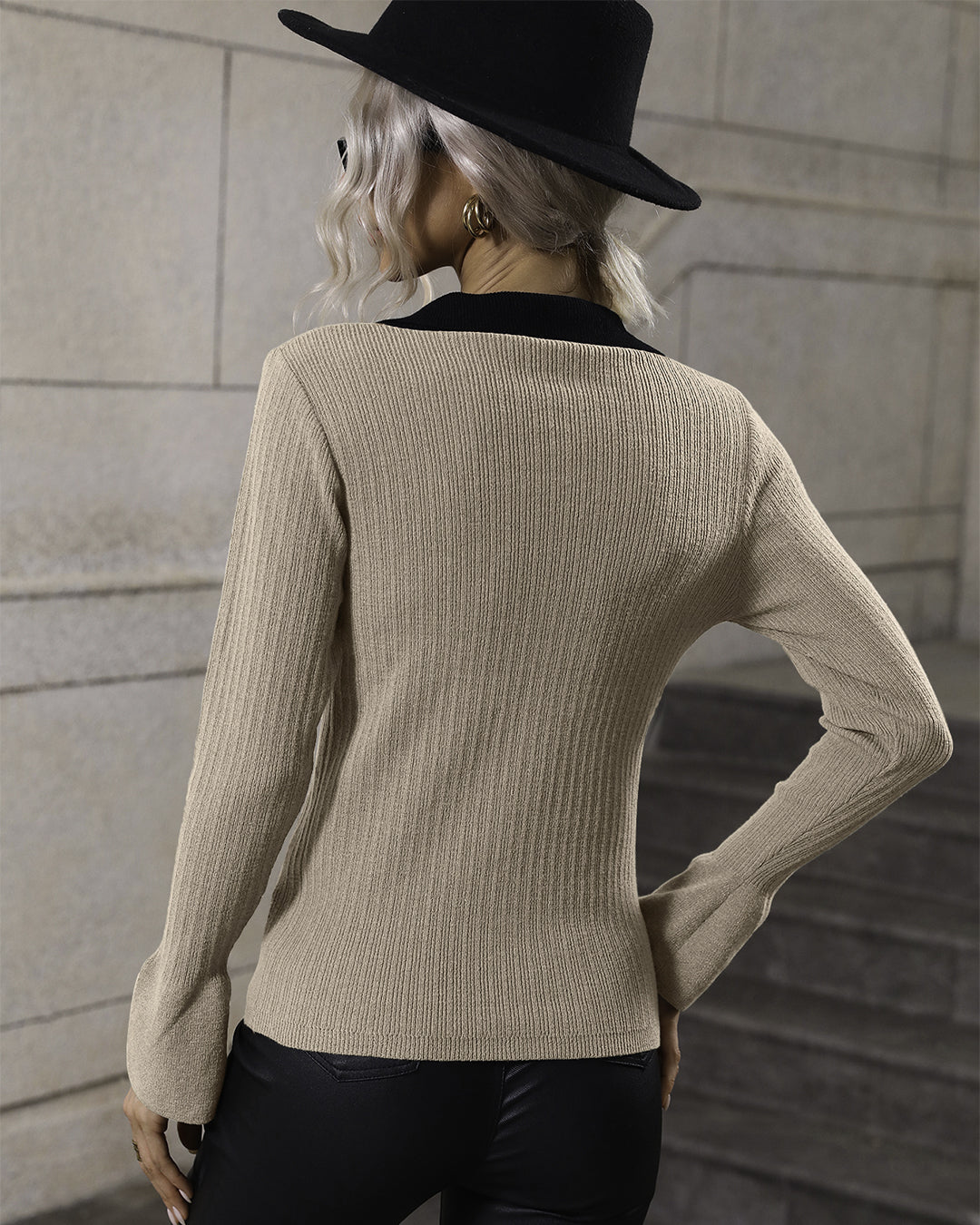 Pullover Bell Sleeve Collared Sweater   