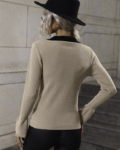 Pullover Bell Sleeve Collared Sweater   