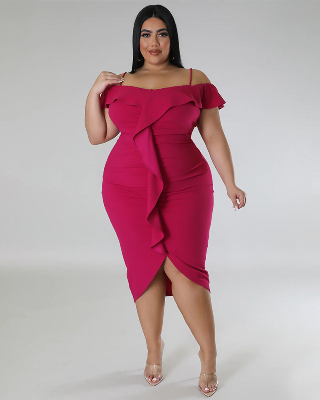 Plus Size Solid Color Off Neck Midi Dress XL Rose Purple 