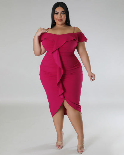 Plus Size Solid Color Off Neck Midi Dress XL Rose Purple 