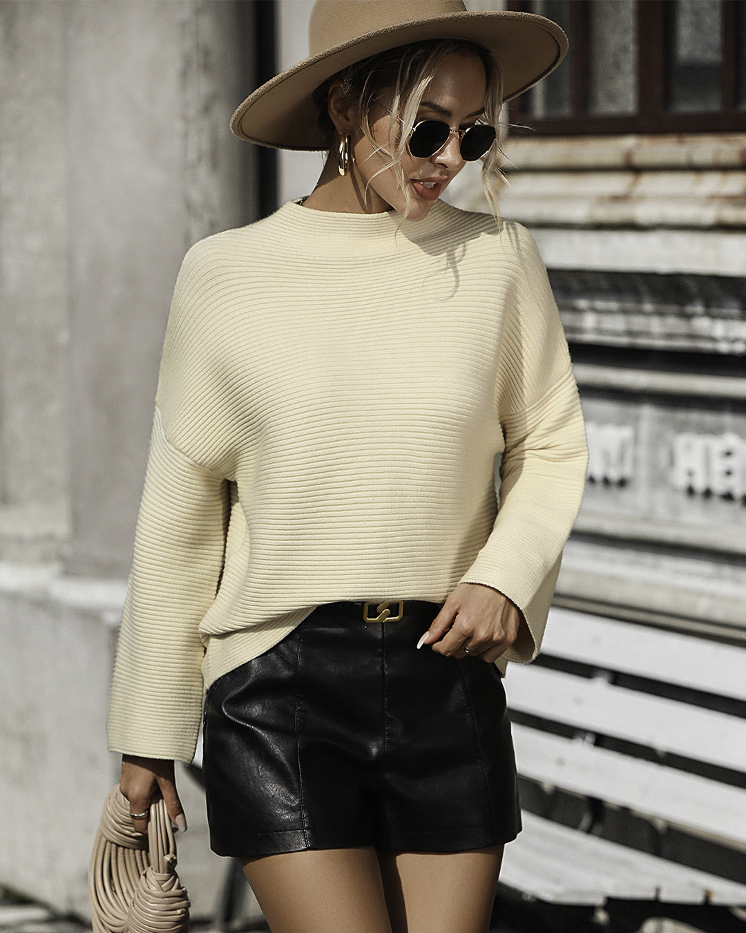 Pullover Loose Fitting Solid Color Sweater S Apricot 