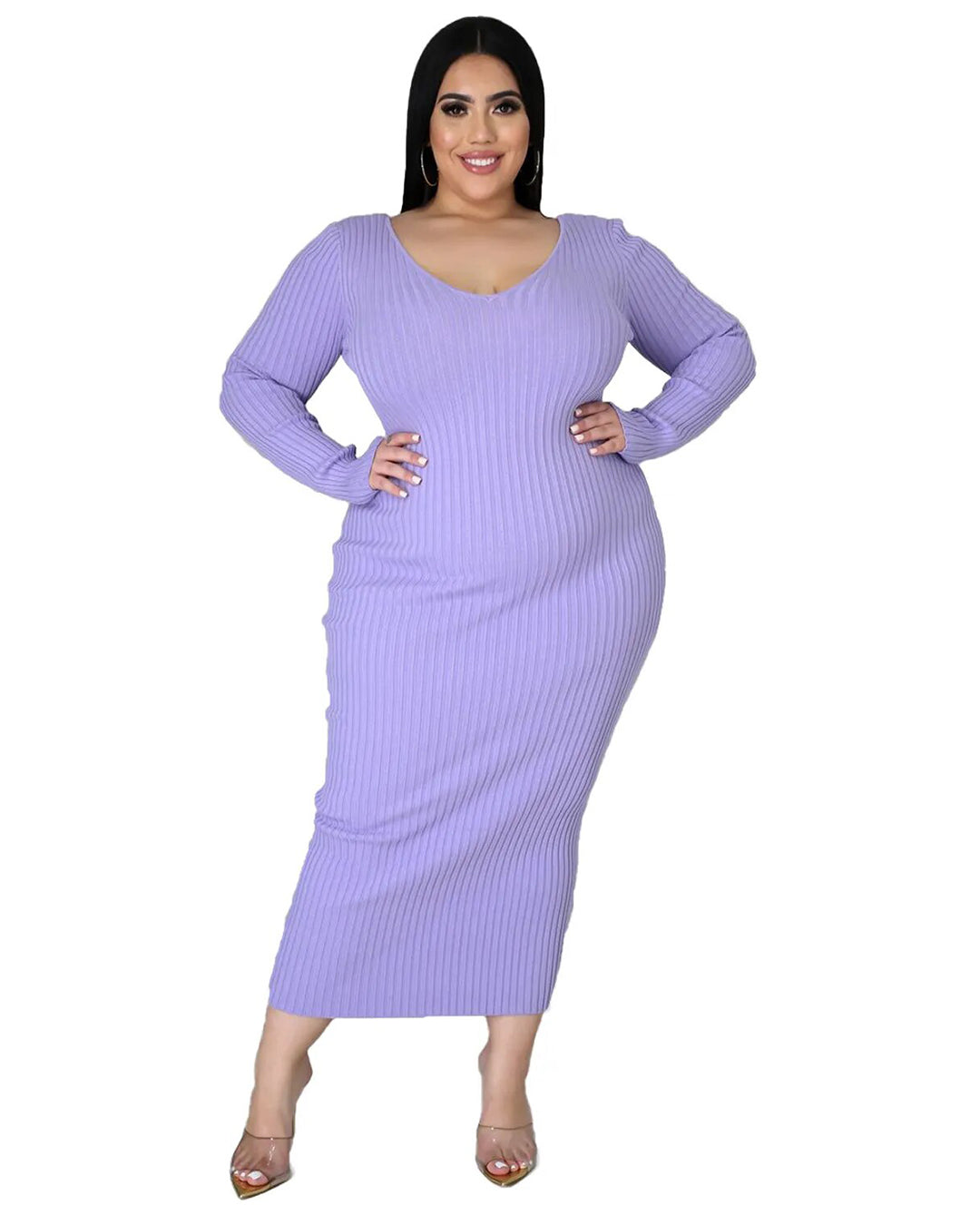 Plus Size Solid Color Knitted Dress Blue L 