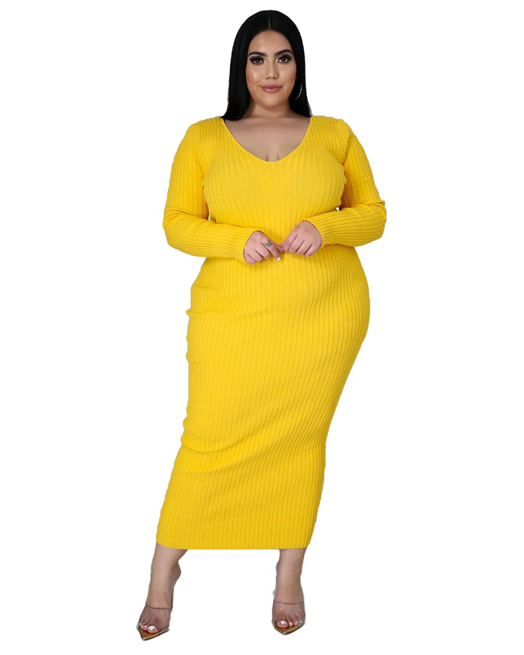 Plus Size Solid Color Knitted Dress Yellow L 