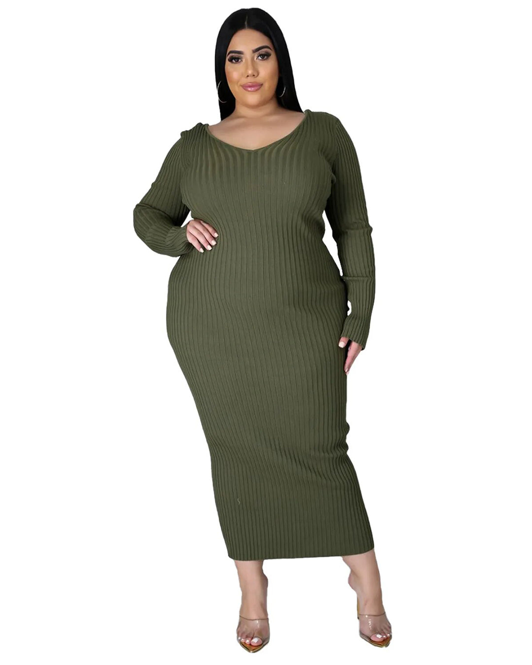 Plus Size Solid Color Knitted Dress Army Green L 