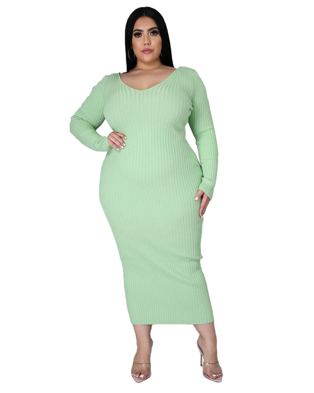 Plus Size Solid Color Knitted Dress Light Green L 