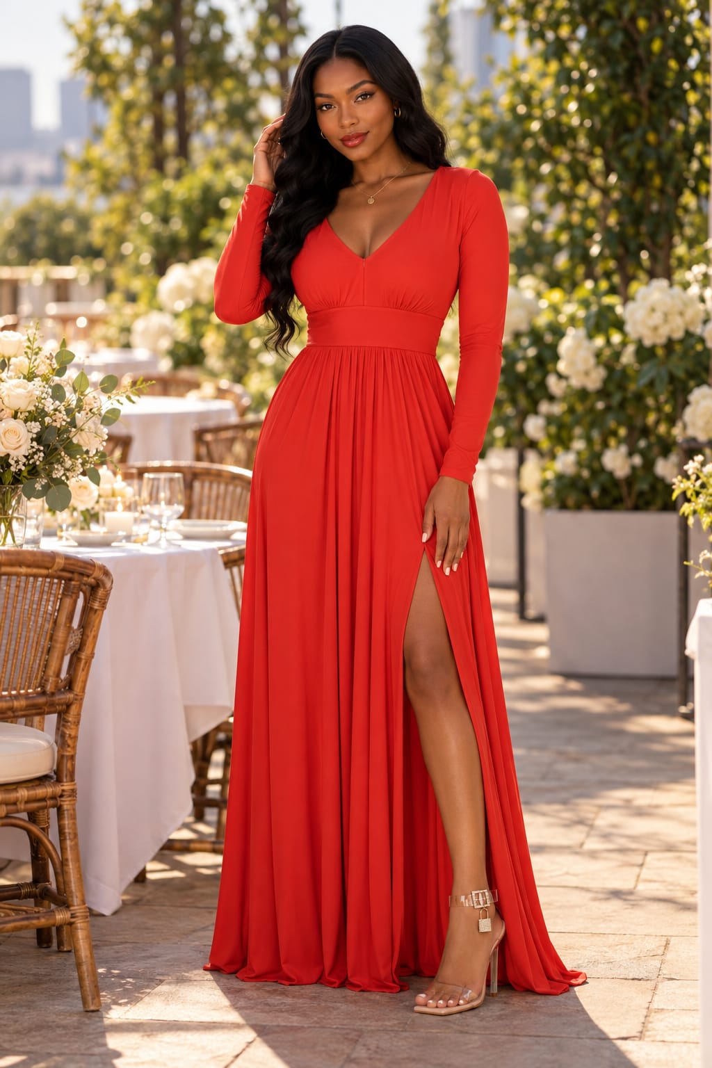 Valencia Maxi Dress front view featuring an elegant, feminine silhouette and flowing maxi-length design, styled for an upscale outdoor occasion.
 Copy