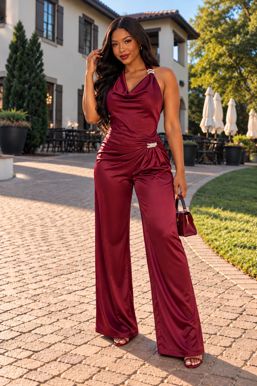 Allure Halter Satin Wide-Leg Pant Set