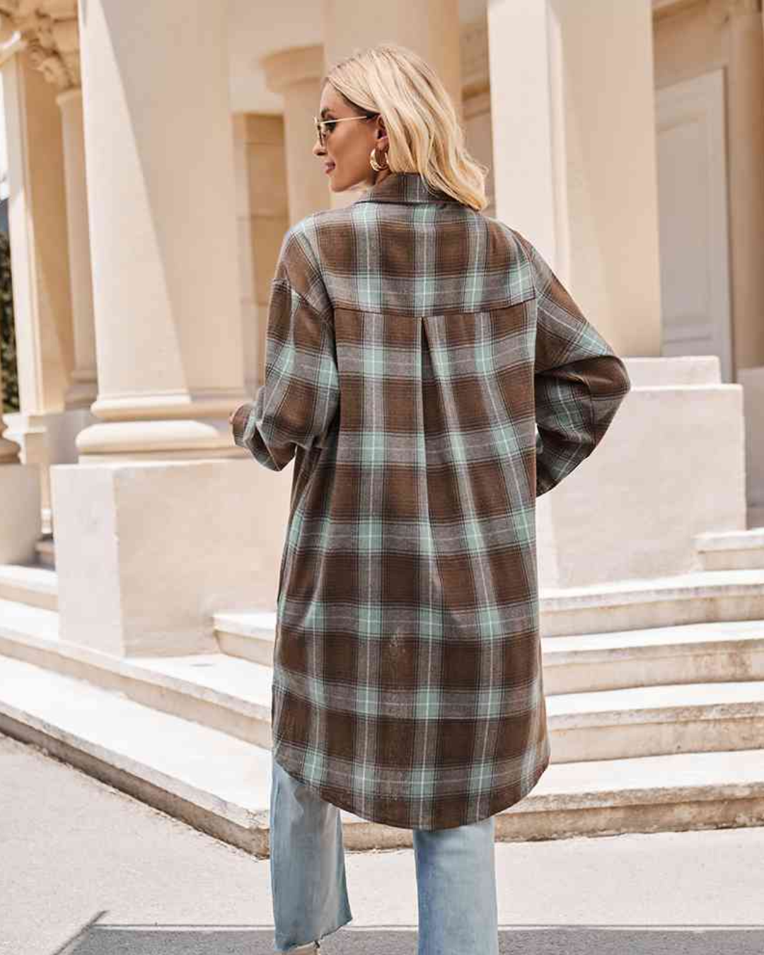 Plaid Collared Neck Long Sleeve Coat   