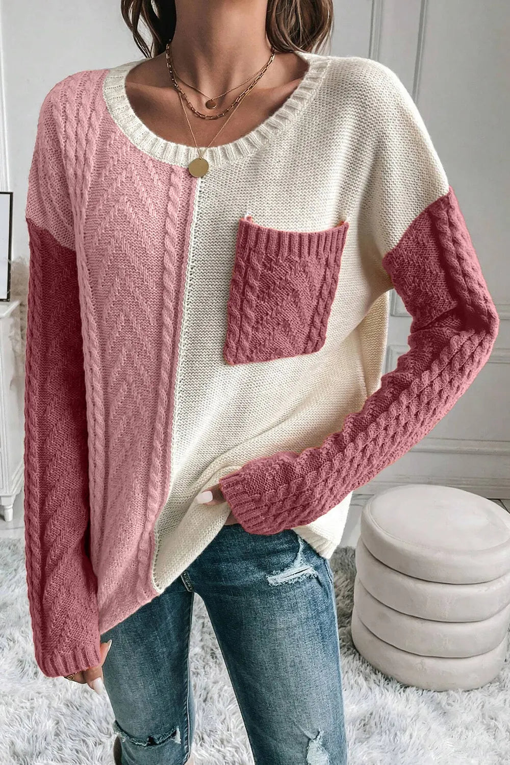 Color Block Round Neck Long Sleeve Sweater Dusty Pink S