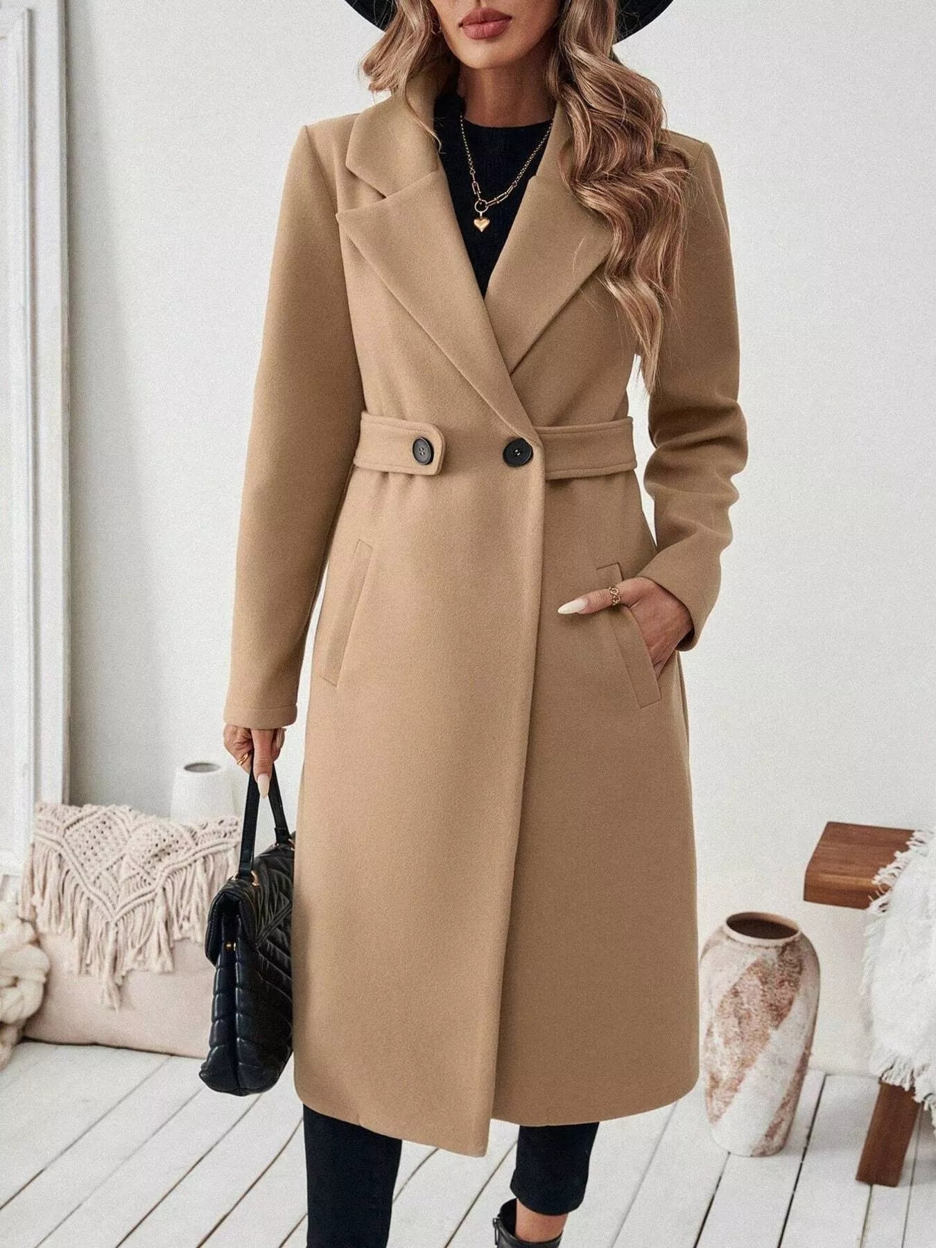 One Button Wool Blend Overcoat Camel S