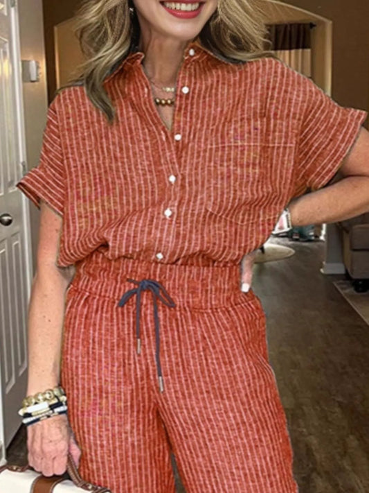 Striped Button-Up Shirt With Wide Leg Pants