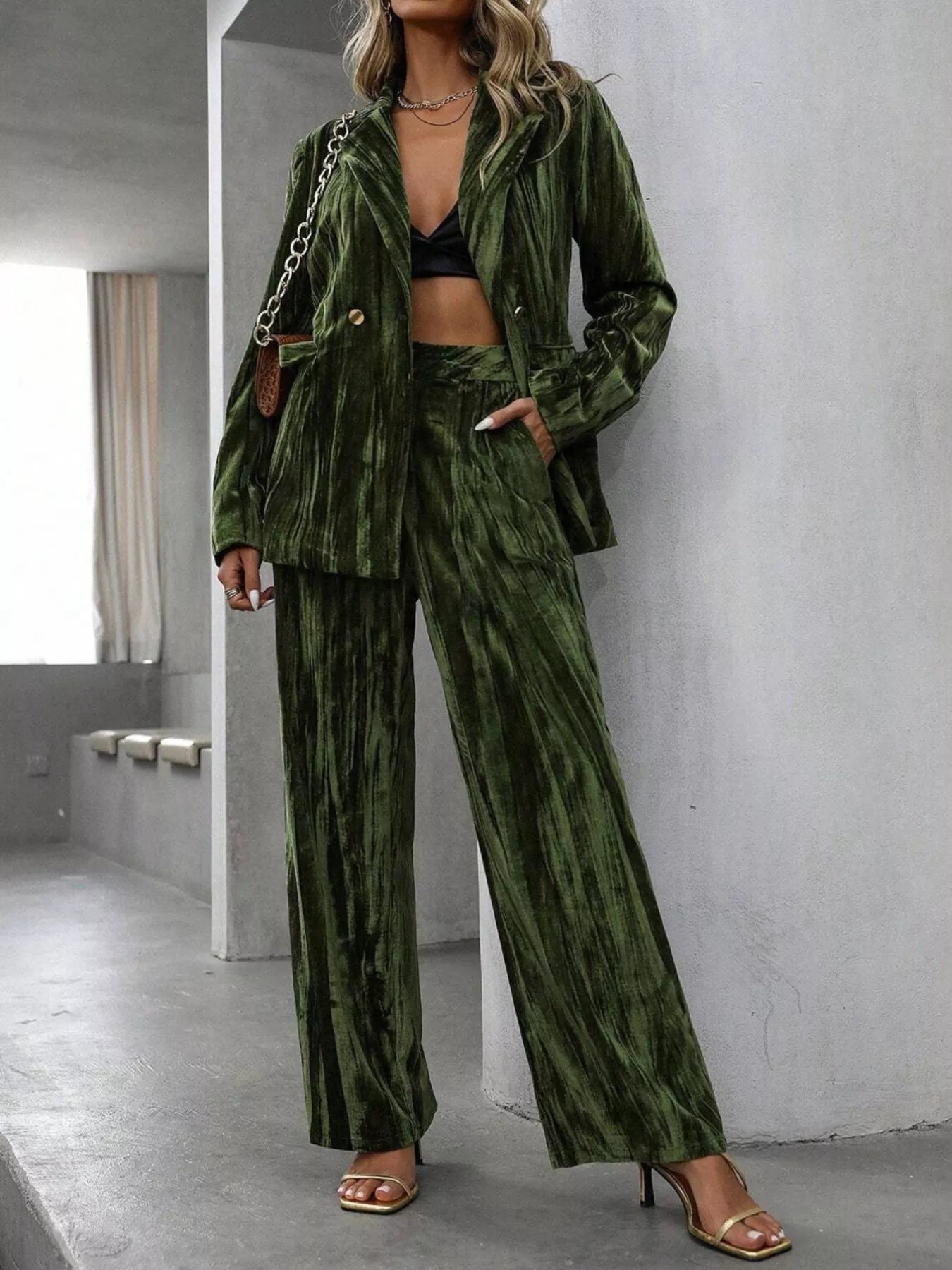 Lapel Collar Long Sleeve Blazer and Pants Set Army Green S