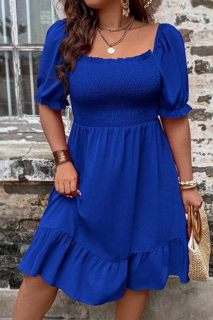 Plus Size Smocked Square Neck Short Sleeve Dress Royal Blue 1XL