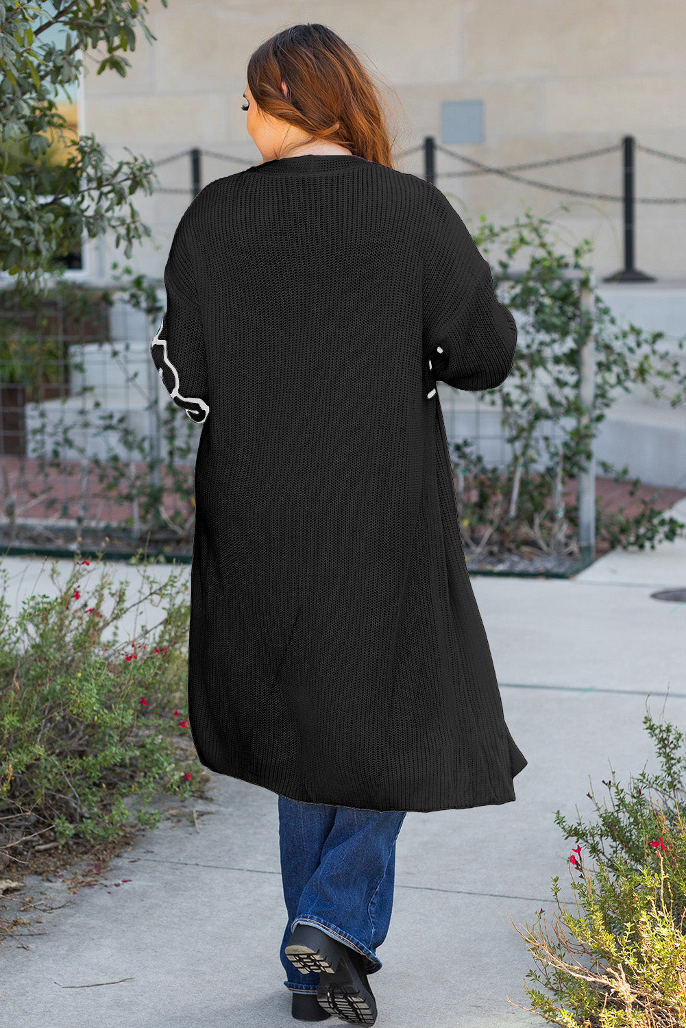 Black Flower Embroidered Drop Shoulder Open Front Duster Cardigan   