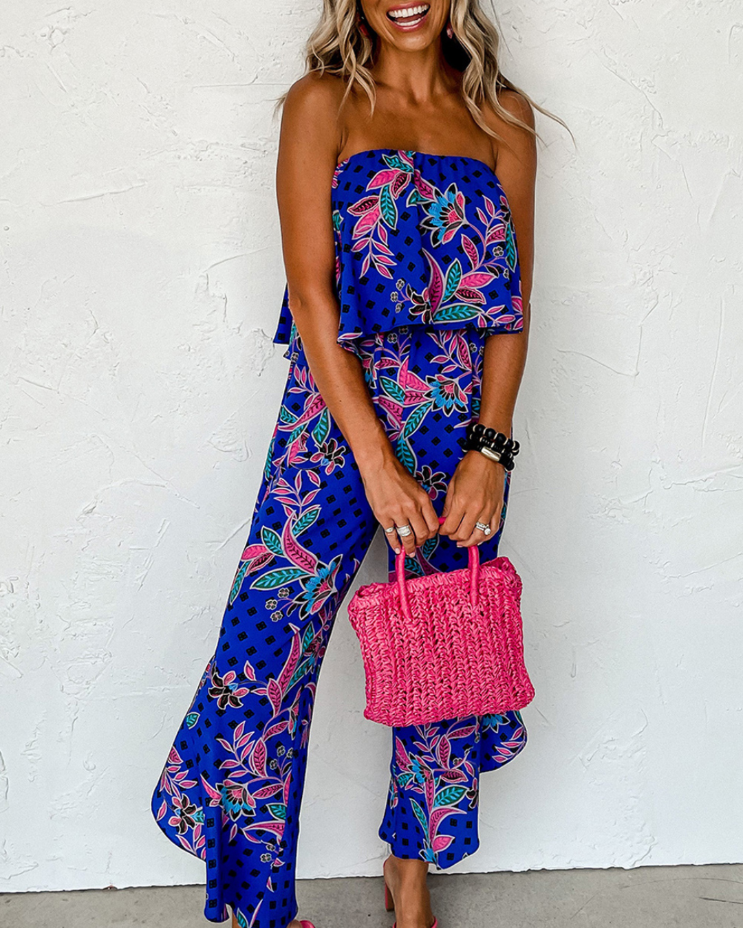 Blue Tropical Print Ruffled Jumpsuit   