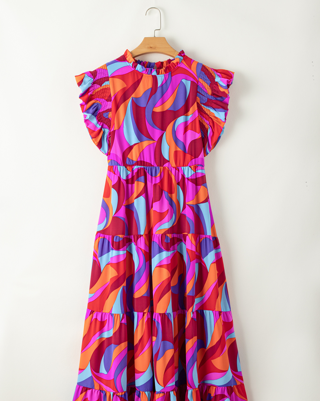 Orange Abstract Printed Ruffle Dress   