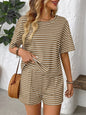 Striped Round Neck Short Sleeve Top and Shorts Set Brown S