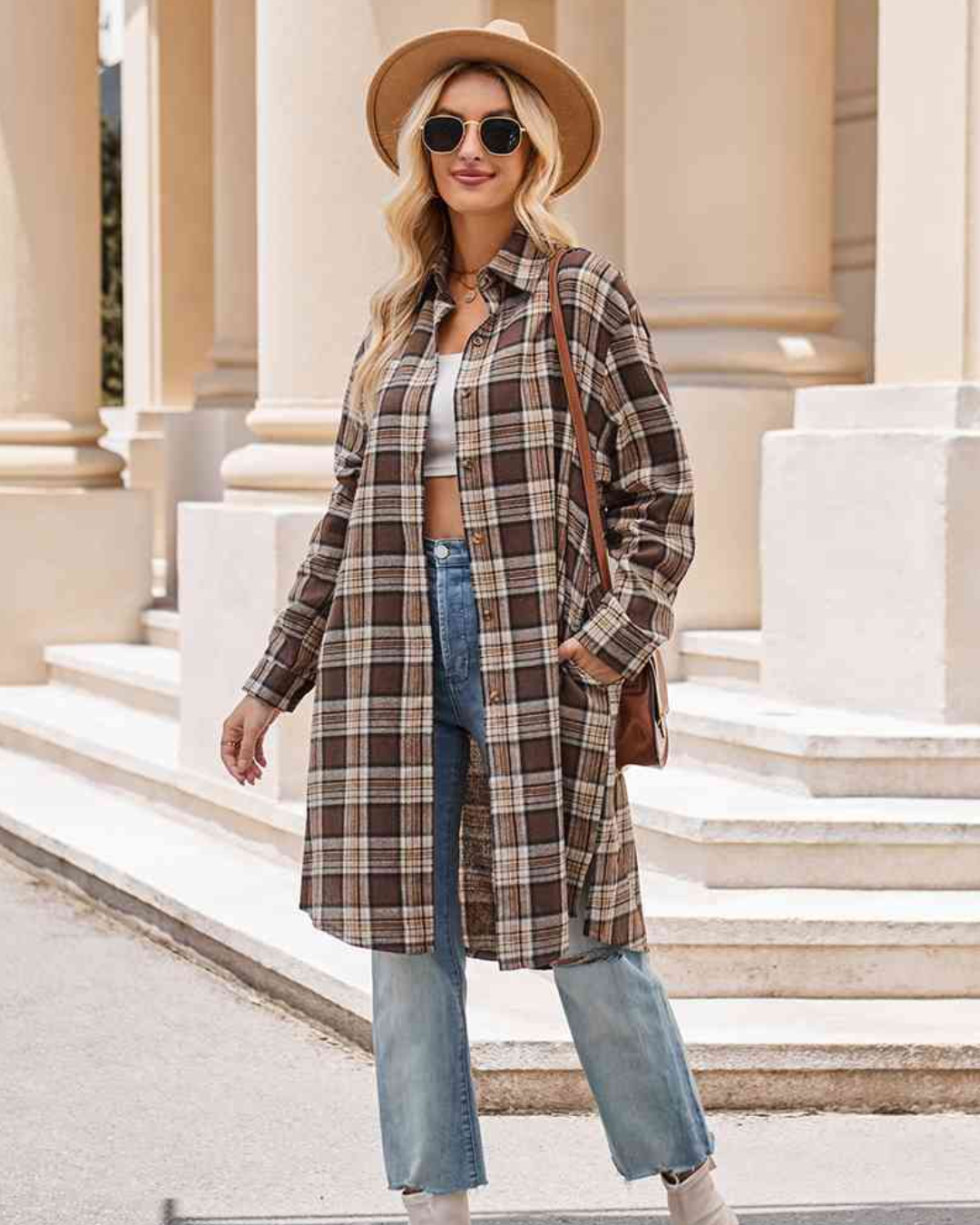 Plaid Collared Neck Long Sleeve Coat Chocolate S 