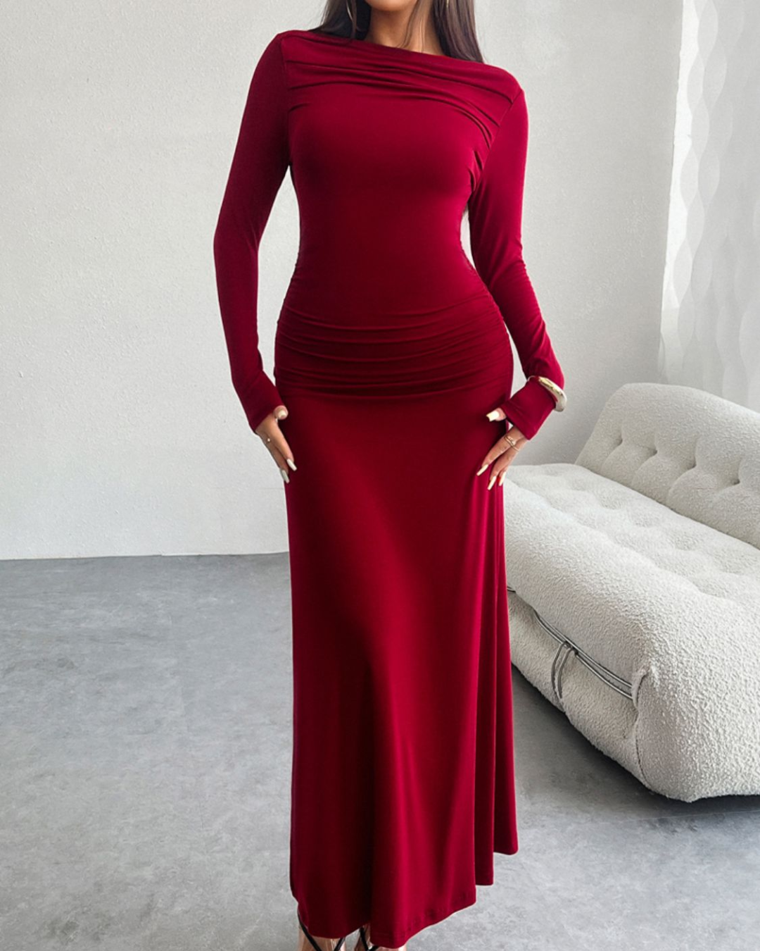 Ruched Long Sleeve Maxi Dress Scarlet S 