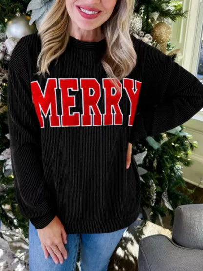 MERRY Round Neck Christmas Sweatshirt Black S