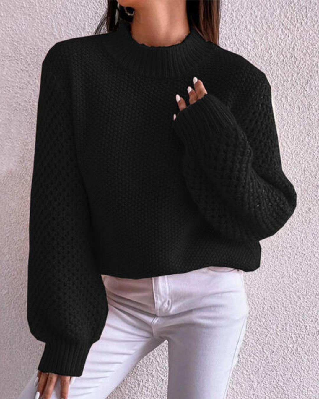 Openwork Mock Neck Long Sleeve Sweater Black S 