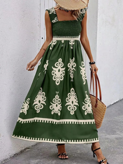 Smocked Printed Wide Strap Maxi Dress Dark Green S