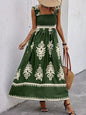 Smocked Printed Wide Strap Maxi Dress Dark Green S