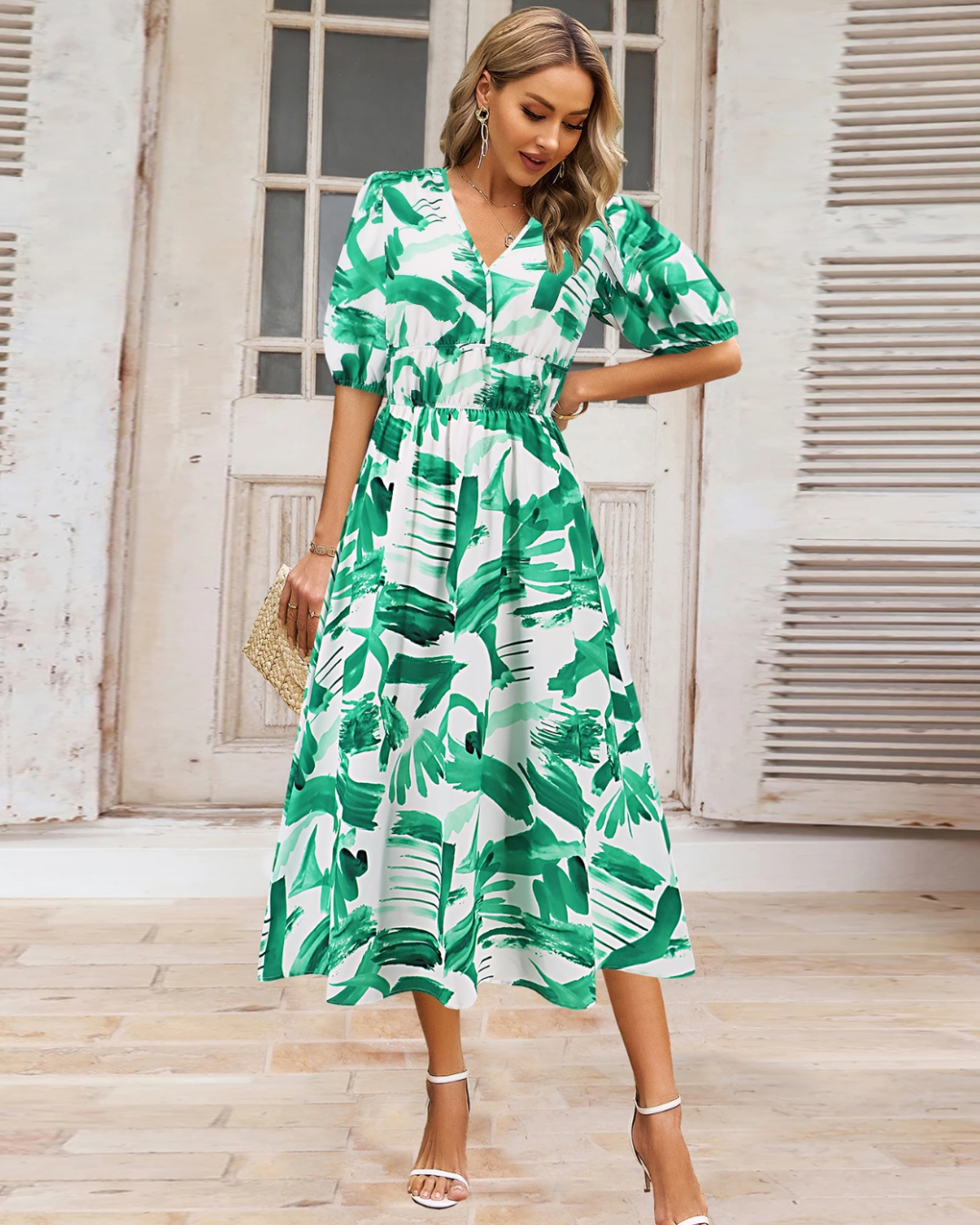 Ruched Printed Surplice Dress   